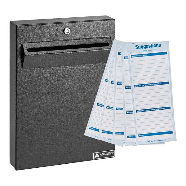 A black steel wall mounted drop box with suggestion cards and a letter slot.