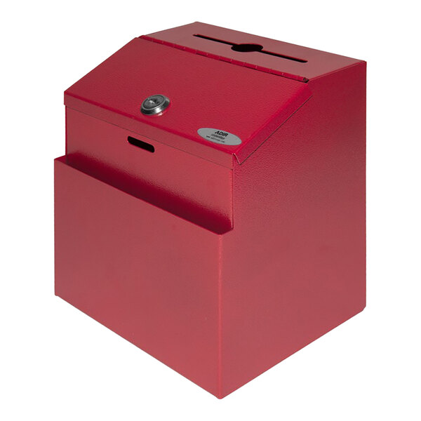 A red steel wall mounted suggestion box with a keyhole.
