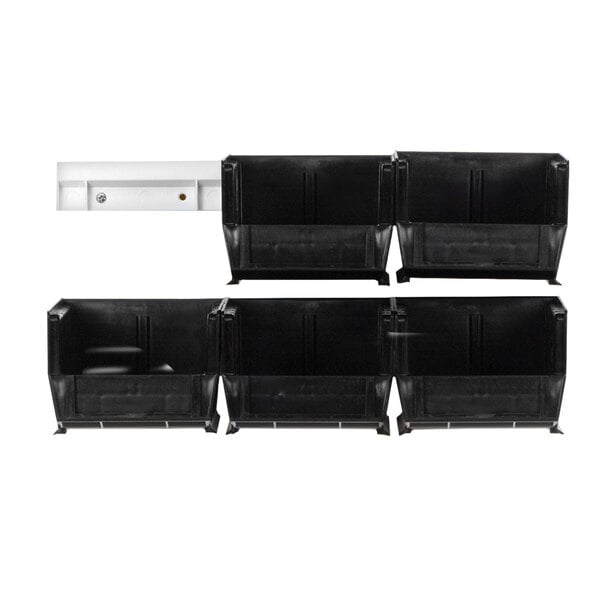 White plastic wall-mount storage rails with black plastic containers on a white background.