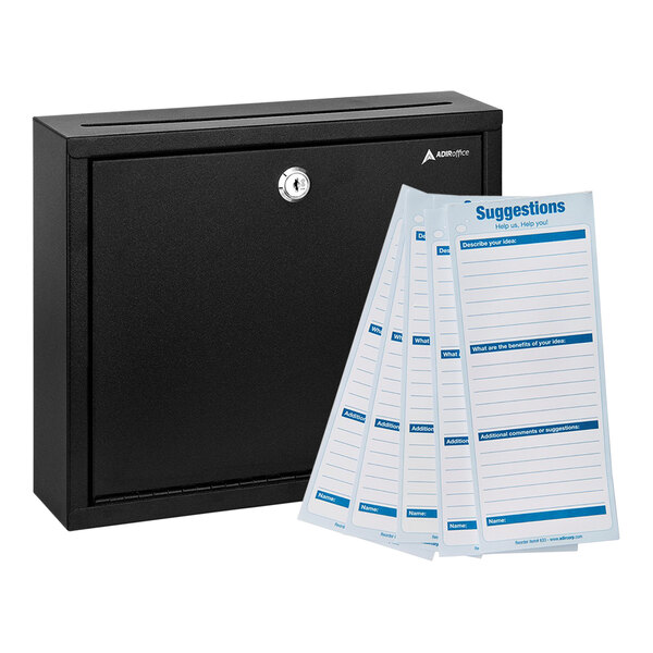 A black ADIROffice wall mounted drop box with white suggestion cards inside.