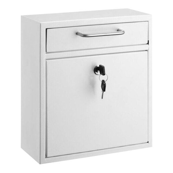 A white steel wall mounted drop box with a key and lock.