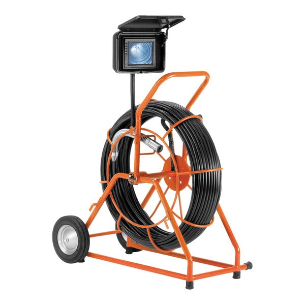 A General Pipe Cleaners Gen-Eye POD video pipe inspection system with a black and orange cable reel.