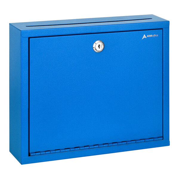 A blue steel wall mounted multi-purpose drop box with a keyhole.
