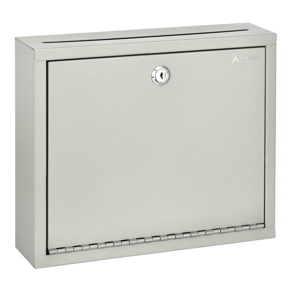 A beige steel wall mounted multi-purpose drop box with a keyhole.