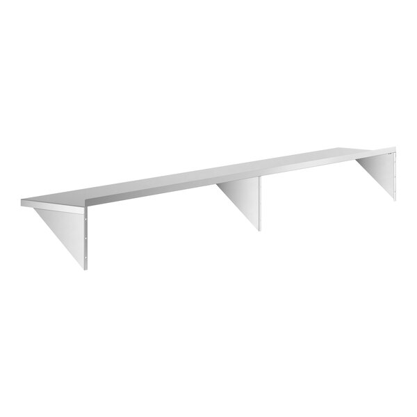 A long, rectangular stainless steel wall shelf with three triangular support brackets.
