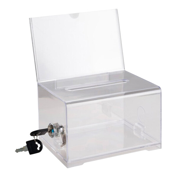 A clear acrylic suggestion box with a lock and key.