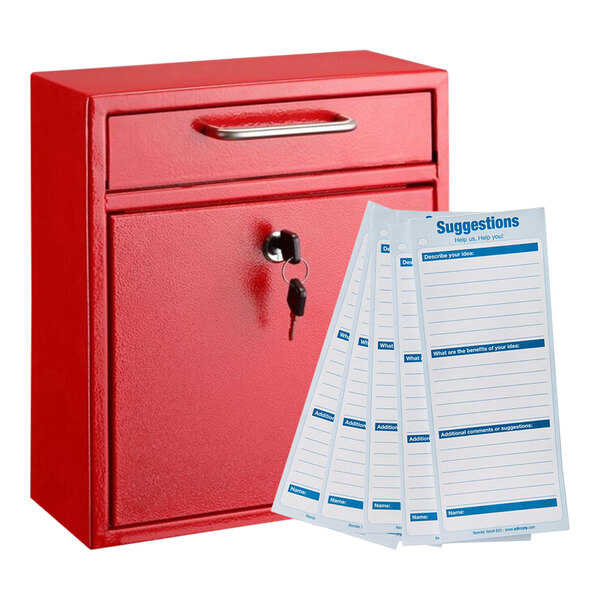 A red ADIRoffice wall mounted drop box with a key and papers inside.