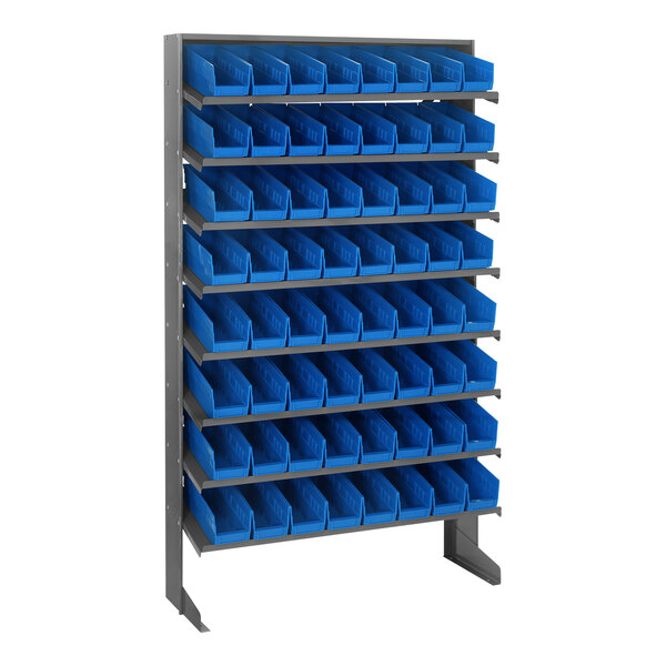 A Quantum metal shelf with 8 blue bins on it.