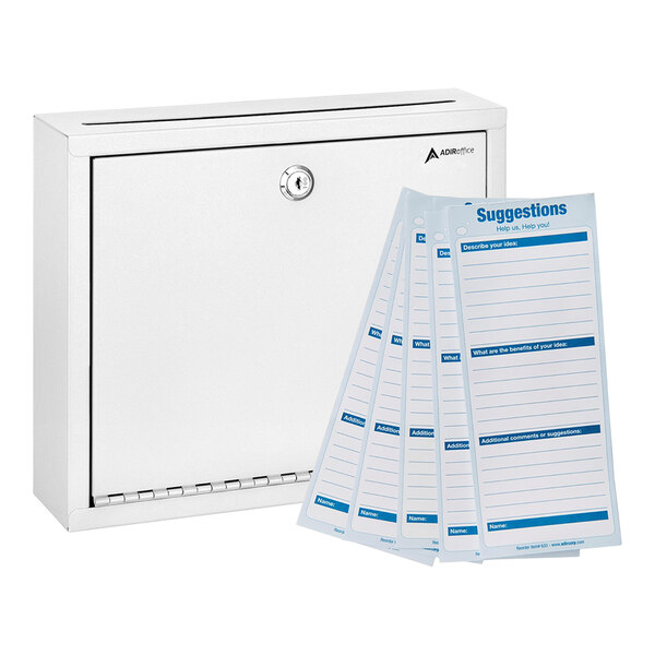 A white ADIRoffice wall mounted drop box with a stack of suggestion cards inside.