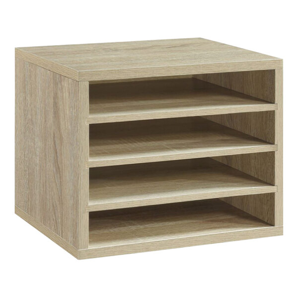 A medium oak wood fiberboard desk organizer with removable shelves.