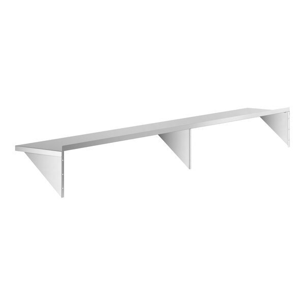 A long, rectangular stainless steel wall shelf with three triangular support brackets.