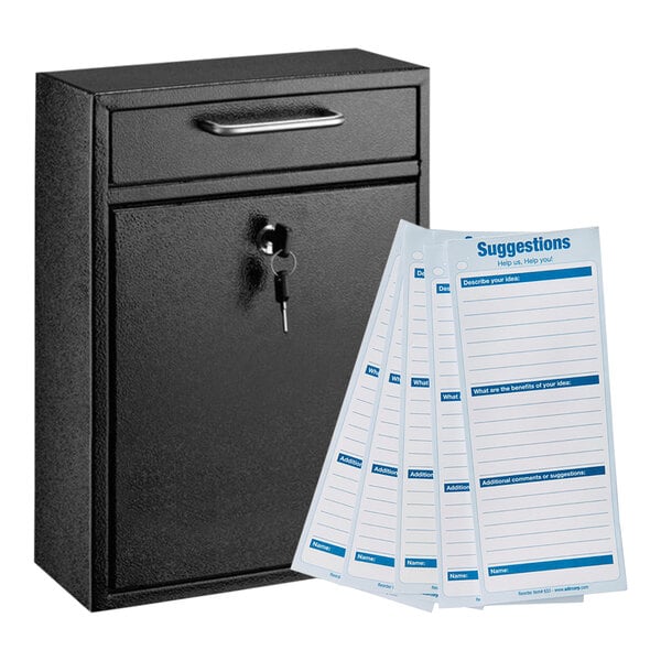 A black steel wall mounted drop box with a key and several suggestion cards.