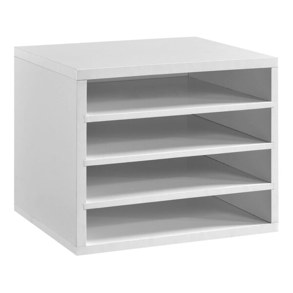 A white fiberboard desk organizer with removable shelves.