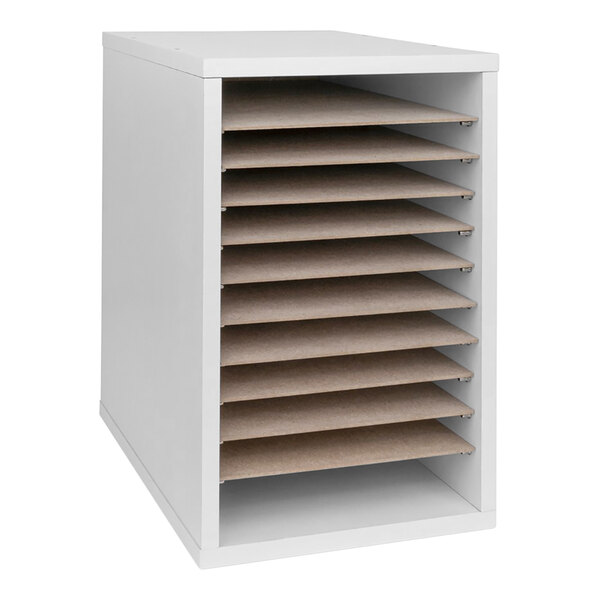 A white AdirOffice fiberboard paper sorter with 11 compartments on shelves.