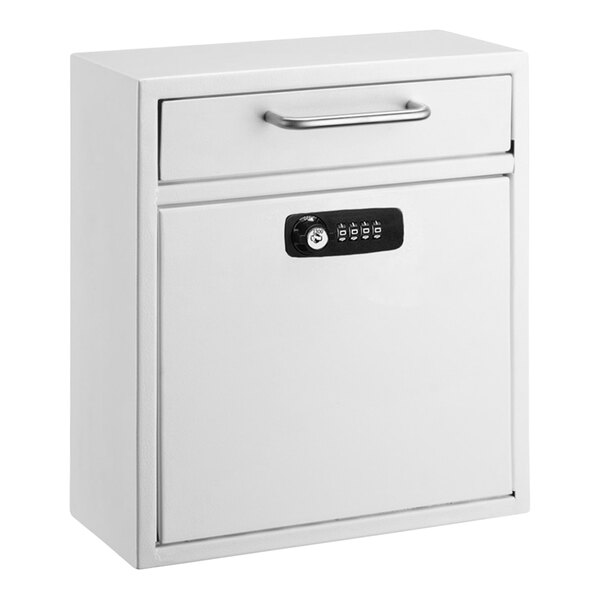 A white steel wall mounted drop box with a key and combination lock.