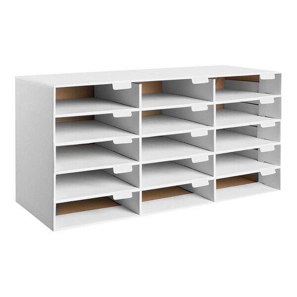 A white ADIRoffice literature organizer with 15 compartments on five shelves.