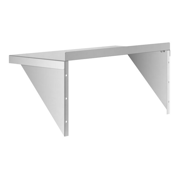 A metal wall shelf with a flat rectangular surface and two triangular support brackets underneath.