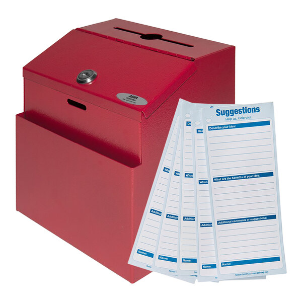 A red AdirOffice wall mounted suggestion box with a few papers and a pen.
