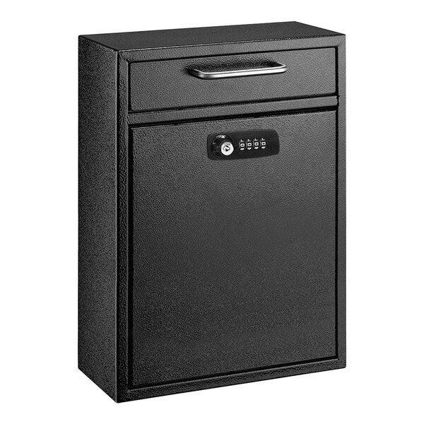 An ADIRoffice black steel wall mounted drop box with a combination lock.