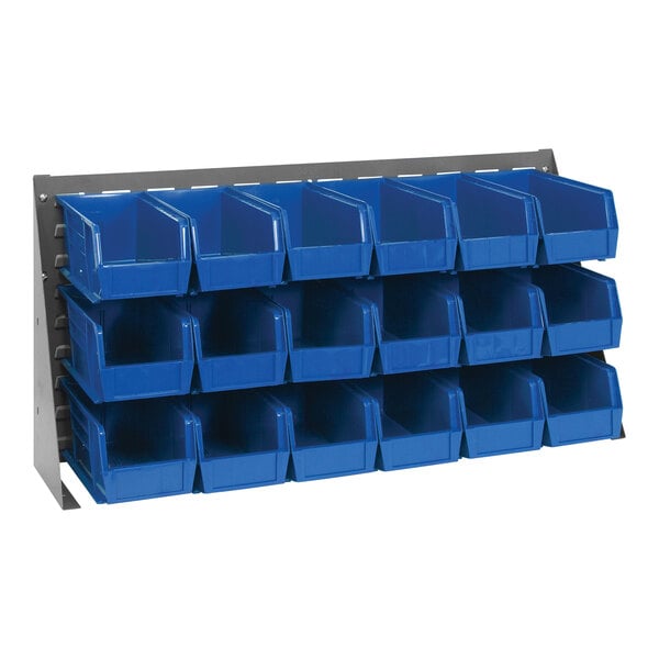A Quantum gray steel bench rack with blue plastic bins on a white surface.