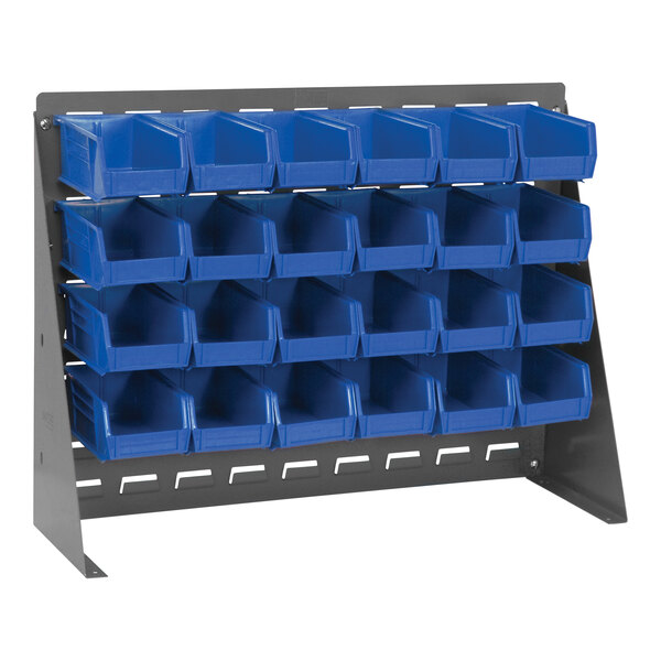 A Quantum gray steel bench rack with blue bins on a metal shelf.