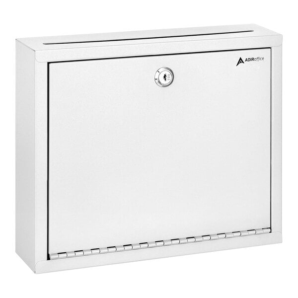A white steel wall mounted multi-purpose drop box with a keyhole.
