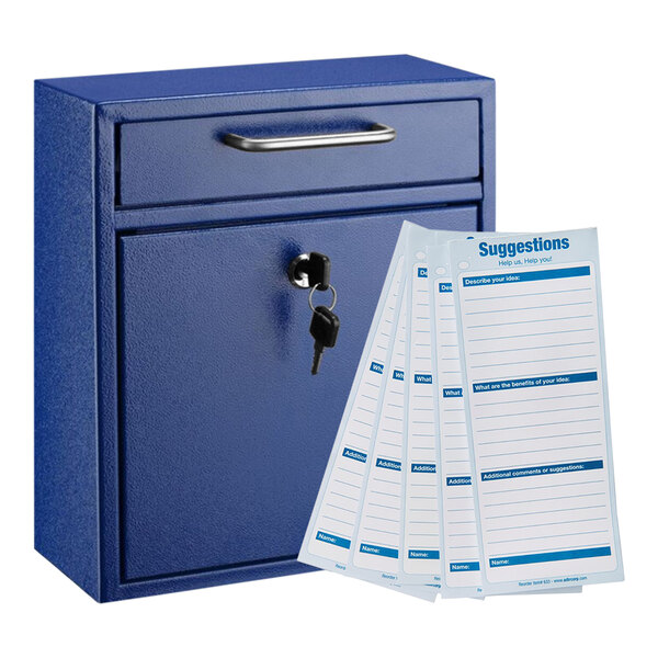 A blue ADIRoffice wall mounted drop box with a key and a stack of blue suggestion cards.