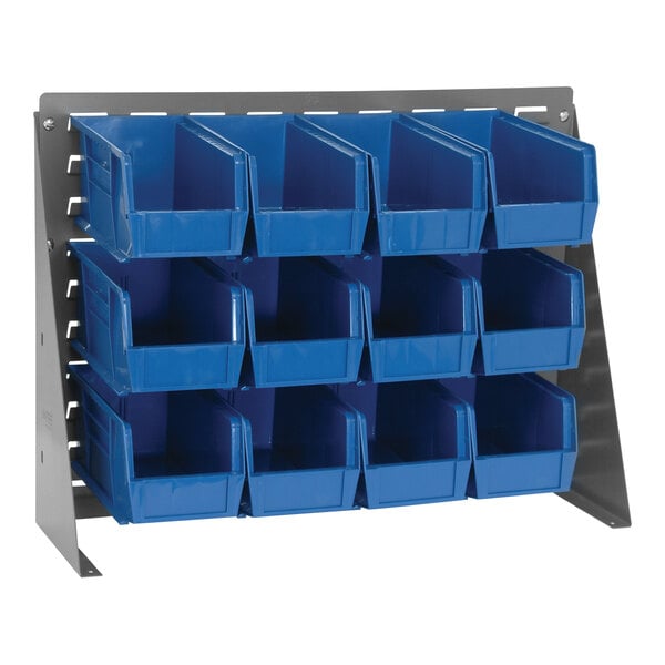 A Quantum gray steel bench rack with blue bins on a shelf.