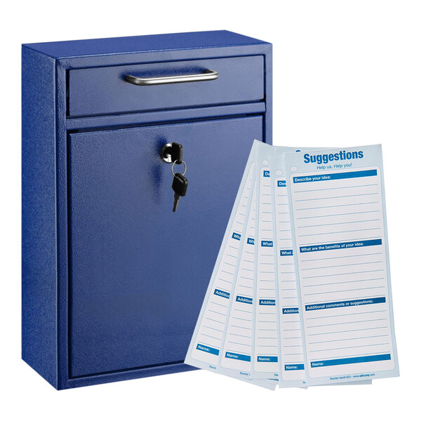 A blue steel wall mounted drop box with a key and white suggestion cards.