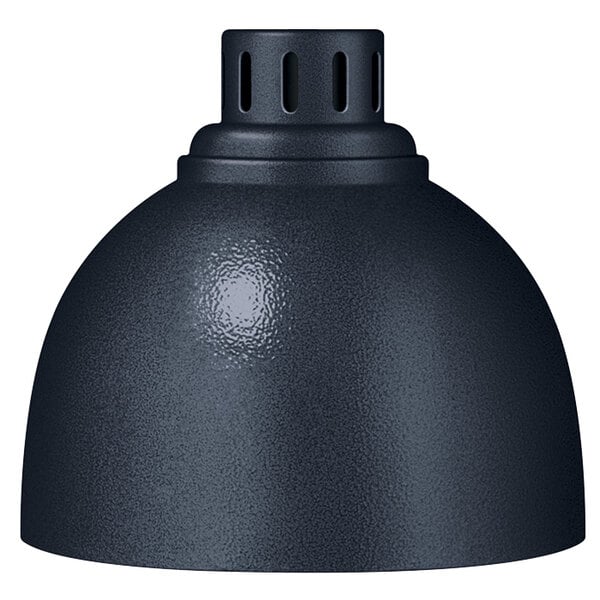 A black Hatco hanging heat lamp over a table on an outdoor patio.