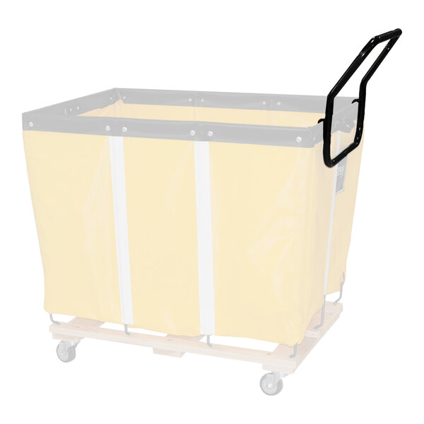 A Royal Basket Truck handle for a yellow shopping cart with black wheels.