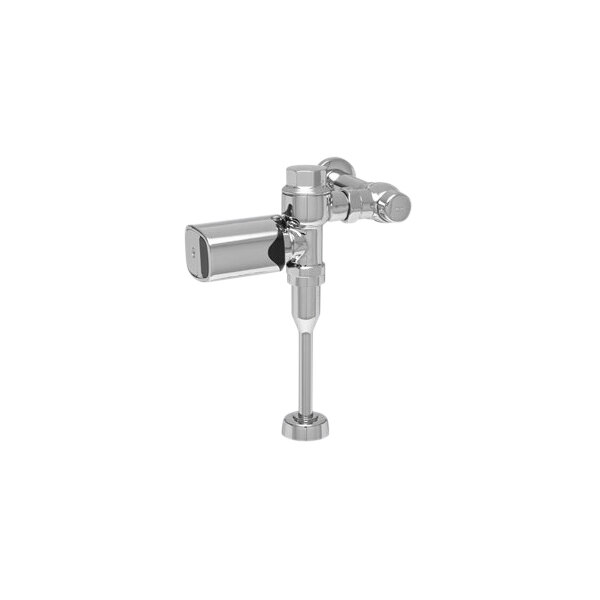 A silver metal Zurn urinal flush valve with a handle.