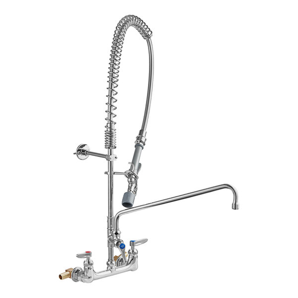 A T&S silver wall-mounted pre-rinse faucet with a hose.