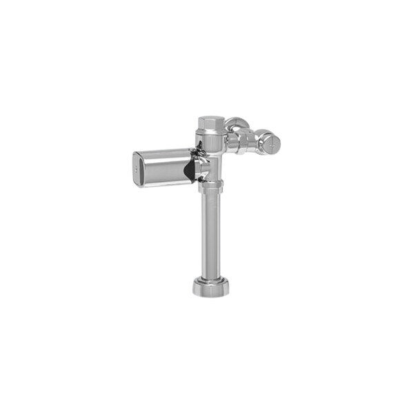 A chrome plated Zurn ZER-SM Series toilet flush valve with a white background.