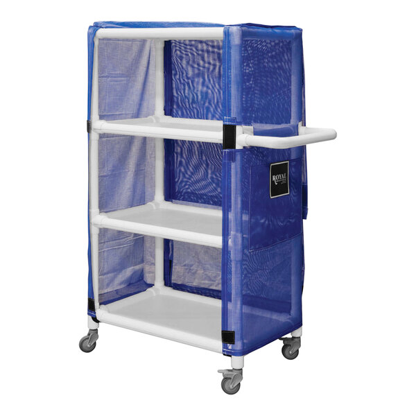 A blue Royal Basket Trucks linen cart with shelves and wheels.