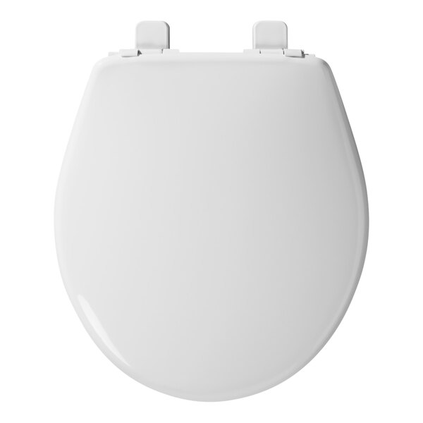 A white Mayfair Little 2 Big toilet seat with a lid and hinge.