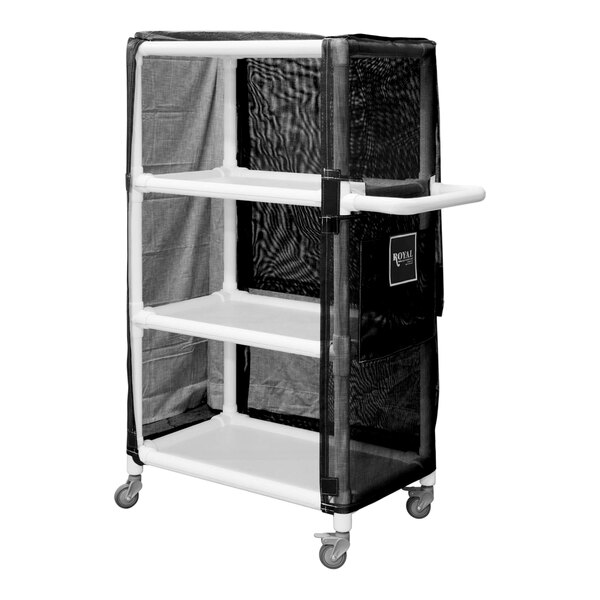 A black Royal Basket Trucks linen cart with three shelves with white plastic shelves and black mesh covers.