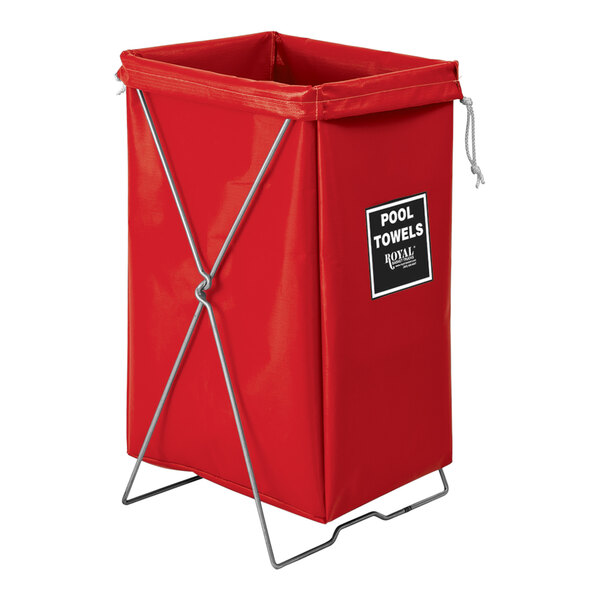 A red rectangular Royal Basket Trucks laundry hamper with a white label.