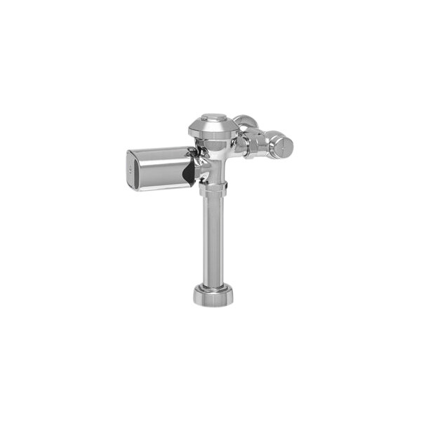 A chrome-plated Zurn toilet flush valve with a silver metal object.