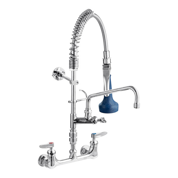 A silver T&S Mini-PRU wall-mounted pre-rinse faucet with a blue metal handle.