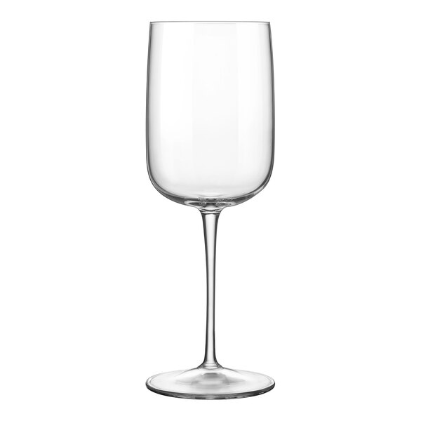A clear Luigi Bormioli Vinalia wine glass with a long stem.