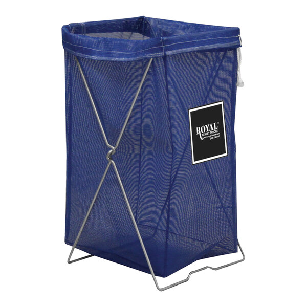 A blue mesh laundry basket with a black label.