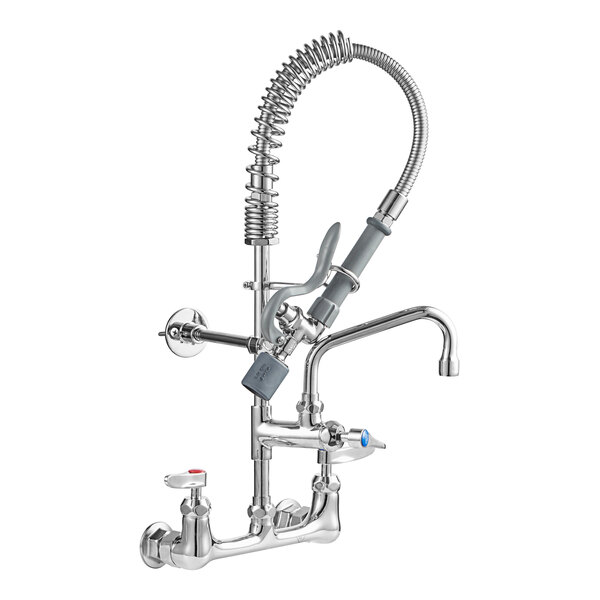 A T&S chrome wall-mounted pre-rinse faucet with a hose.