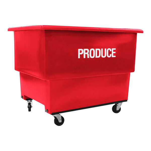 A red Royal Basket Trucks produce cart with wheels and the word "produce" on the side.