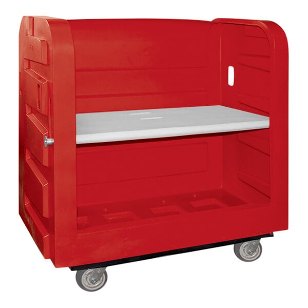A red Royal Basket Truck Turnabout bulk transport truck with a white plastic shelf.