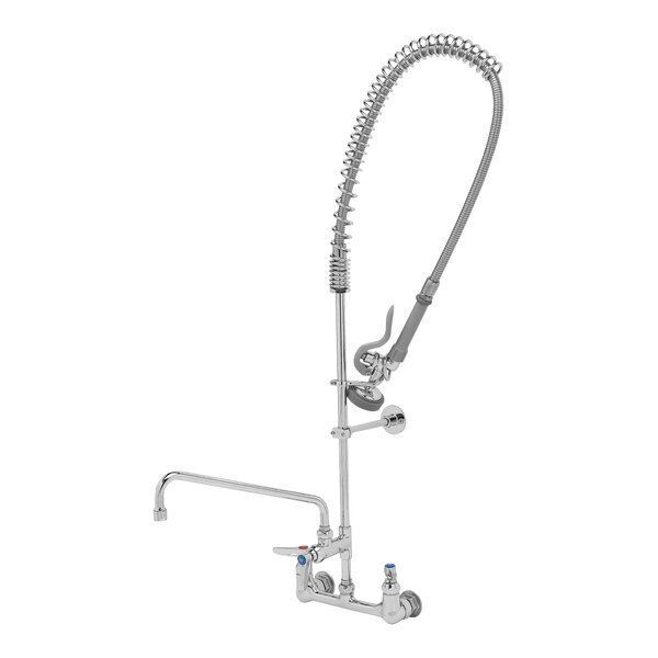 A T&S chrome wall-mounted pre-rinse faucet with hose attachment.