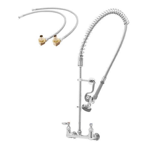A T&S wall-mounted pre-rinse faucet with an 18" riser and 3 hoses.