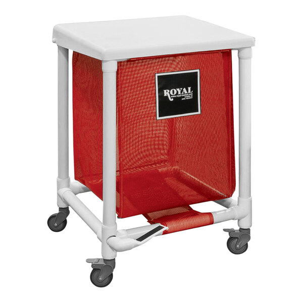 A red laundry cart with a red lid.