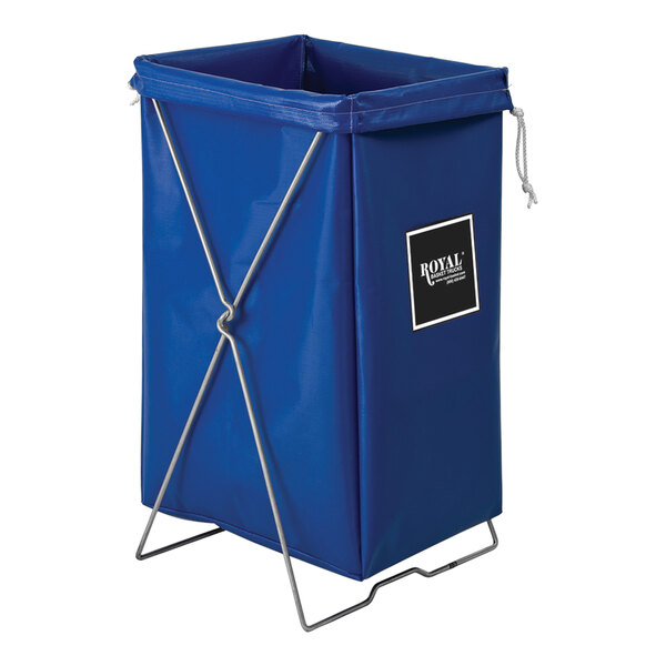 A blue laundry basket with a black handle.