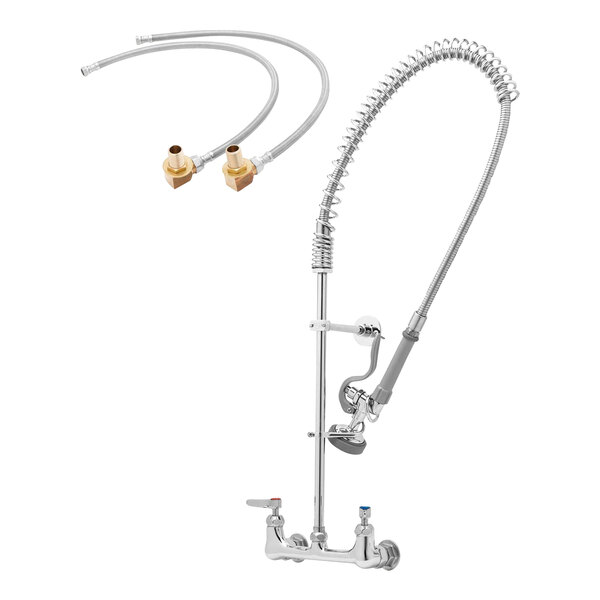 A T&S wall-mounted pre-rinse faucet with 3 hoses and an 18" riser.
